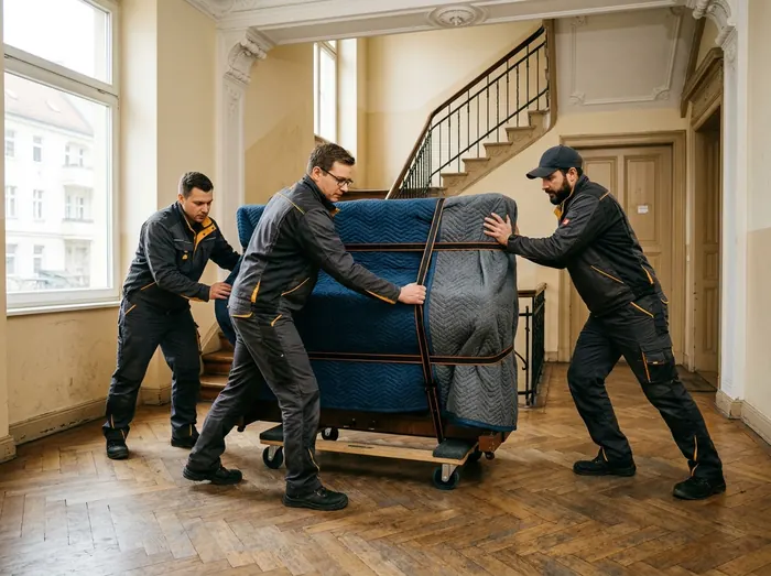 Klaviertransport in einem Altbau-Treppenhaus